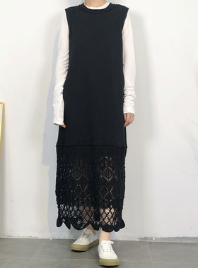 MACQNF秋冬百搭纯棉黑色坎袖女背心裙 中长款镂空钩花连衣裙MQ