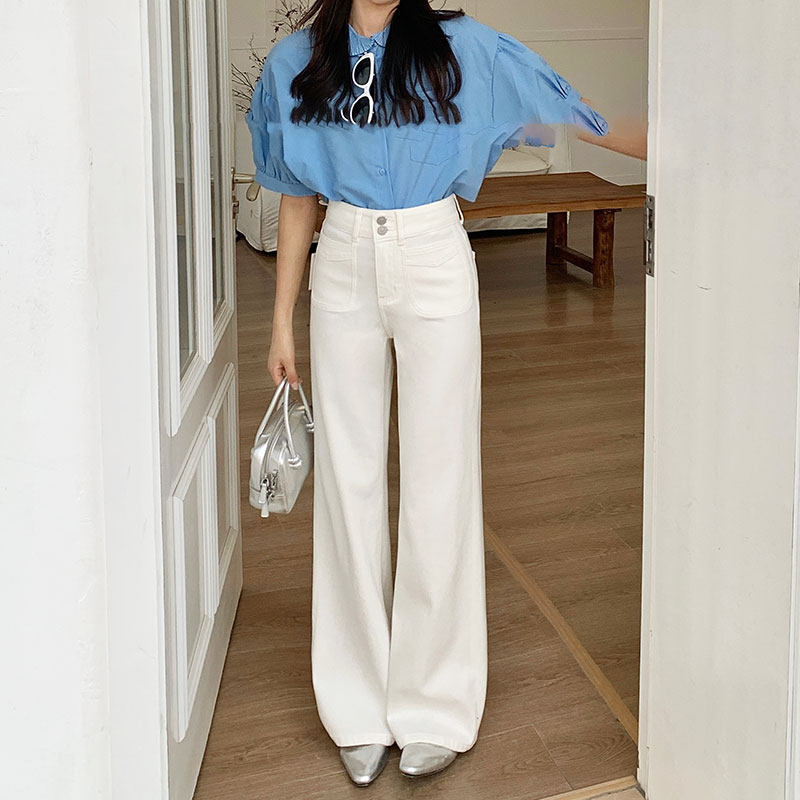 MA牛仔裤女93257-8韩版白色洋气四面弹垂感女双扣高腰直筒阔腿