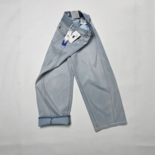 MA牛仔裤女春91196-2复古宽松浅蓝色时尚款高腰四面弹水洗弯刀裤