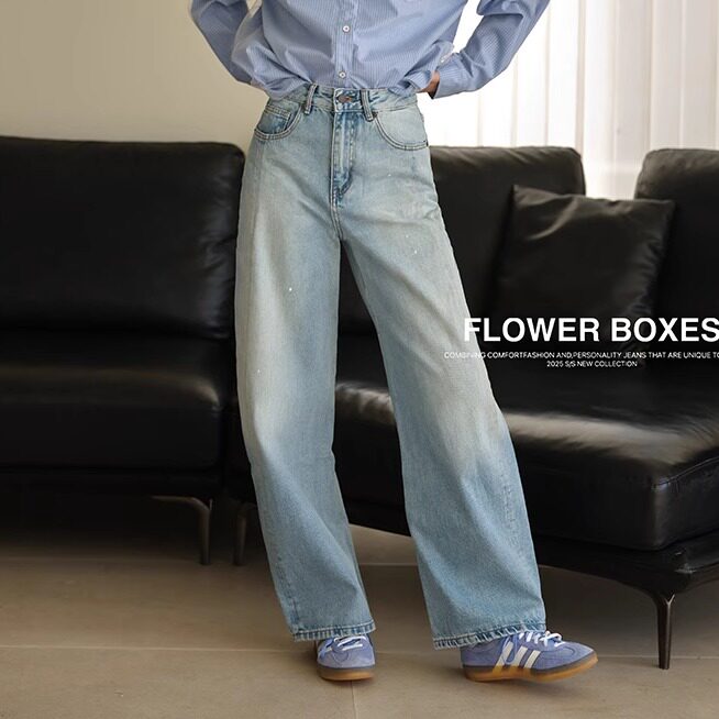 花匣子牛仔裤503239高腰弯刀裤2025秋款蓝色阔腿裤宽松直筒裤女