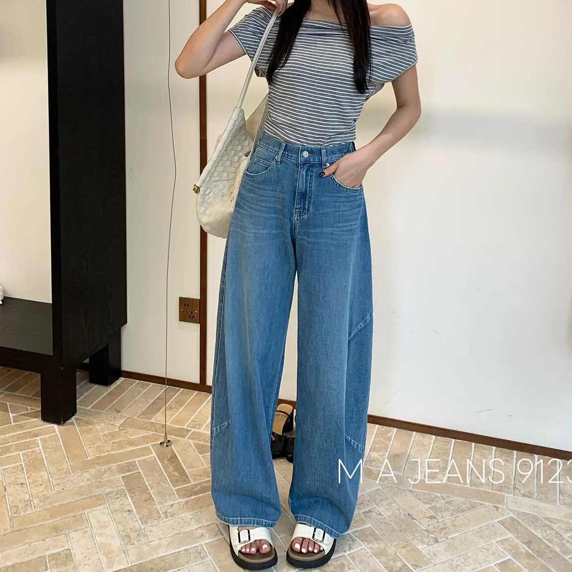 MA牛仔裤女91239三衣夏季薄款四面弹高腰阔腿蓝色垂感显瘦弯刀裤