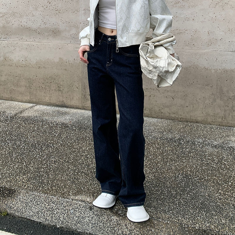 花匣子牛仔裤86244秋冬2025新款高腰窄版深色普洗蓝拖地直筒长裤