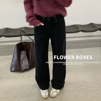 花匣子牛仔裤女62998弹力加绒2025冬季新款黑色直筒显瘦阔腿裤