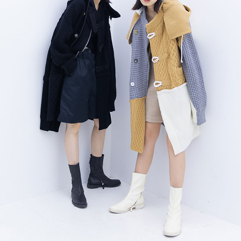 macqnf粗线针织连帽拼接重工毛衣