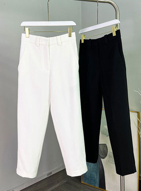 WUZHI春季新款81014休闲高腰烟管裤女纯棉修身小直筒黑色西裤垂感