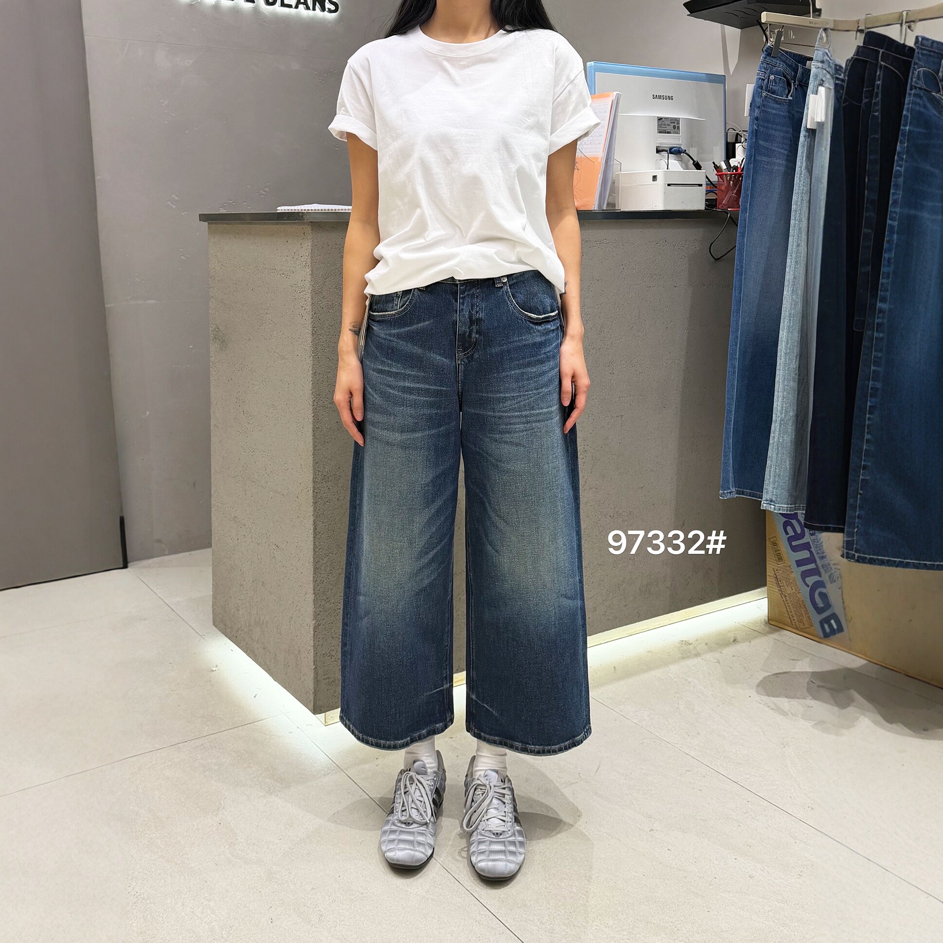 MA牛仔裤女97332春四面弹复古高腰八分直筒显瘦小个子蓝色阔腿裤