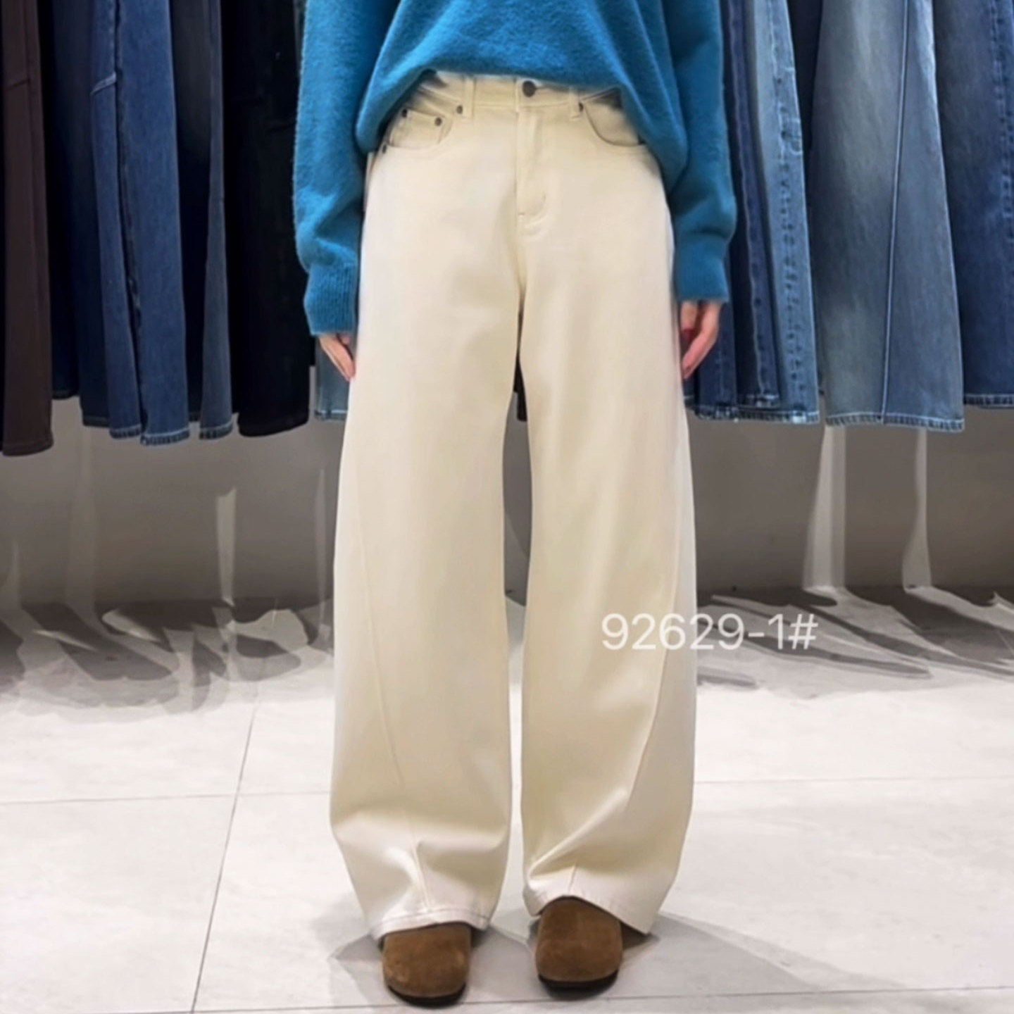 MA牛仔裤女92629-1高腰宽松阔腿长裤2025冬加绒四面弹时尚老爹裤