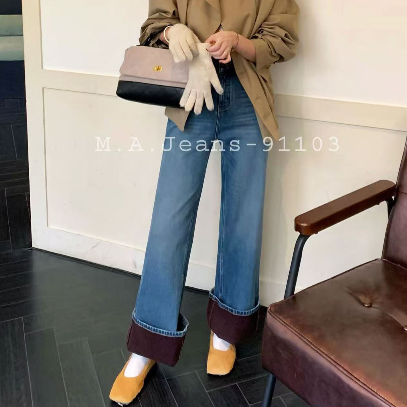 MA牛仔裤女91103冬款加绒高腰蓝色宽松时尚显瘦四面弹窄版直筒裤