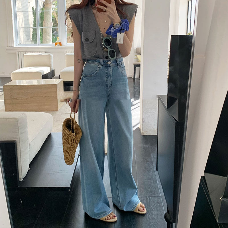 MA牛仔裤女91925高腰韩版显瘦浅蓝色四面弹垂感慵懒直筒阔腿裤女