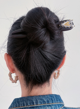 DURIAN ACC原创设计 波纹金银双色爱心装饰U型黑檀木大发量发簪