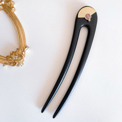 DURIAN ACC原创设计 波西米亚扇形太阳装饰黑檀木双齿发簪盘发