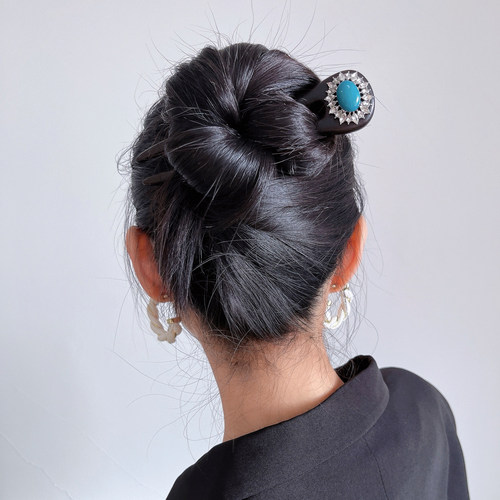 DURIAN ACC原创设计宫廷中古风装饰仿钻仿石黑檀木双齿盘发发簪子