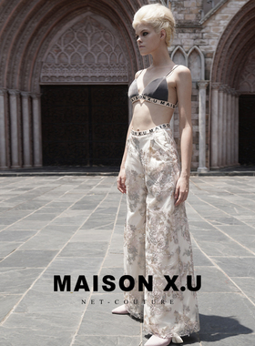 高级感 MAISON X.U｜杏色花朵重工蕾丝高腰垂坠双层阔腿裤长裤女