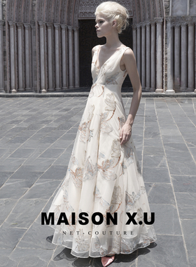 高定小仙裙 MAISON X.U｜杏色金线蝴蝶蕾丝高级法式轻纱连衣裙