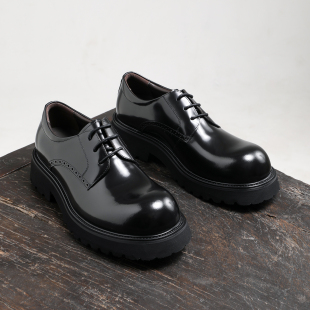 时尚 增高真皮商务鞋 通勤 男黑色系带大头休闲皮鞋 英伦风厚底德比鞋