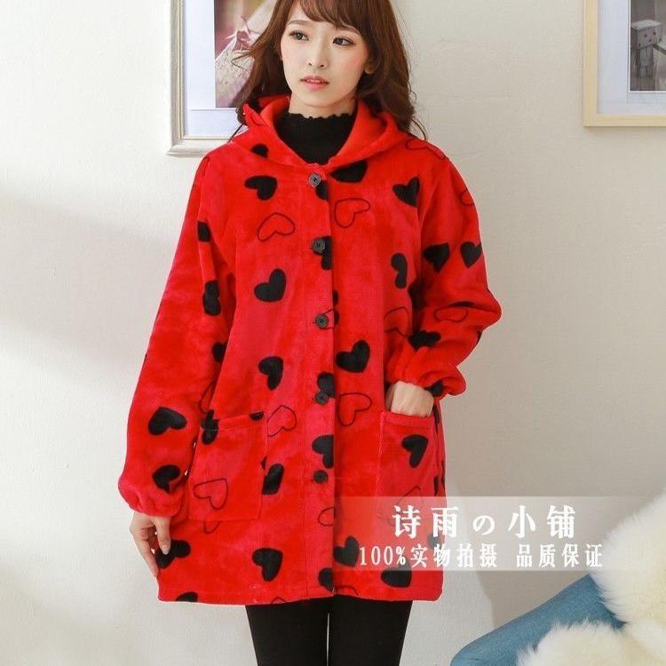 绝美韩版时尚中国红空桃心法兰绒罩衣连帽工作服中老年保暖绒围裙