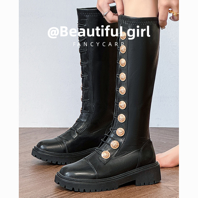 KW-12长筒靴女复古金色纽扣2024新款不过膝长靴厚底女骑士靴女