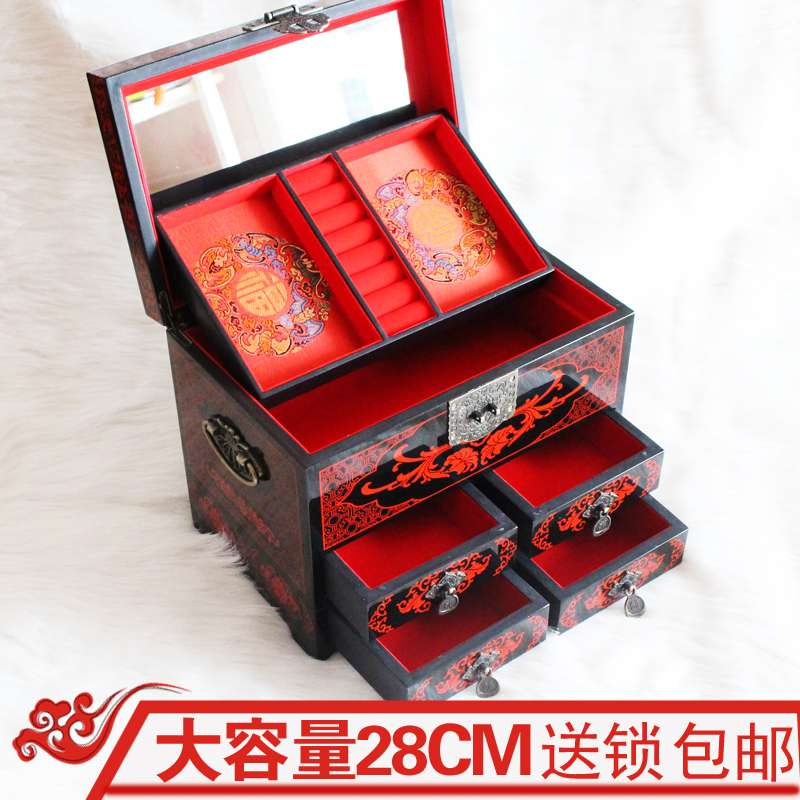 漆器木质复古首饰盒多层新娘嫁妆