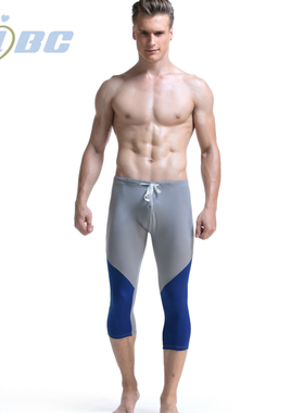 AIBC男士泳裤 弹性涤纶系绳拼色低腰七分长游泳裤健身裤011-QFK