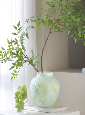米子家居琉璃绿色鲜花花瓶设计感小众大肚超好看玄关花艺水养花器