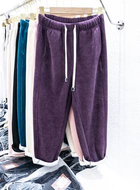 梨型身材紫色裤子女加绒加厚冬季休闲裤宽松欧洲站大码条绒哈伦裤