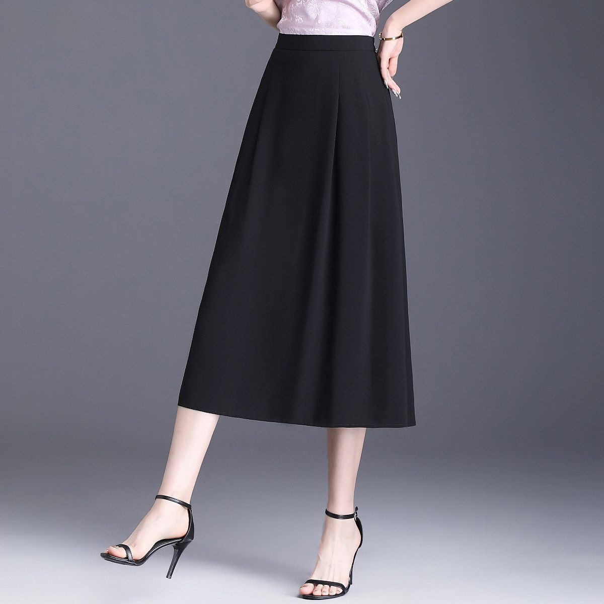 有口袋松紧腰中长款垂坠感遮肚子a字大码雪纺垂坠感半身裙女夏款