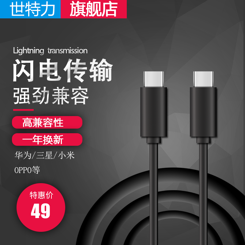 世特力Type-c公对公数据线ctoc电脑手机通用笔记本双头pd快充线