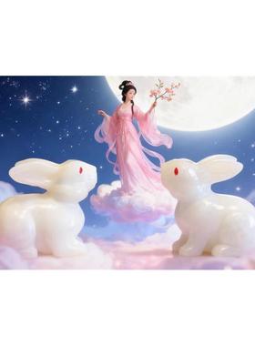 天然汉白玉石兔子摆件玉兔呈祥十二生肖小白兔招财摆件风水吉祥