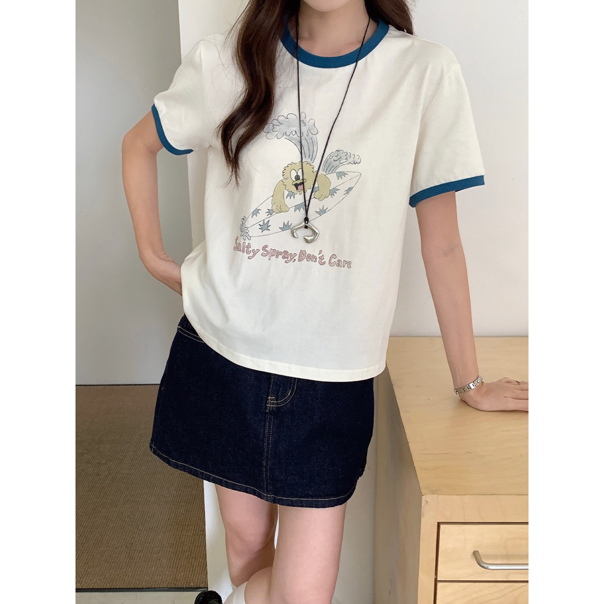 撞色圆领短袖女t恤广州十三行2025夏季新款宽松显瘦百搭休闲上衣