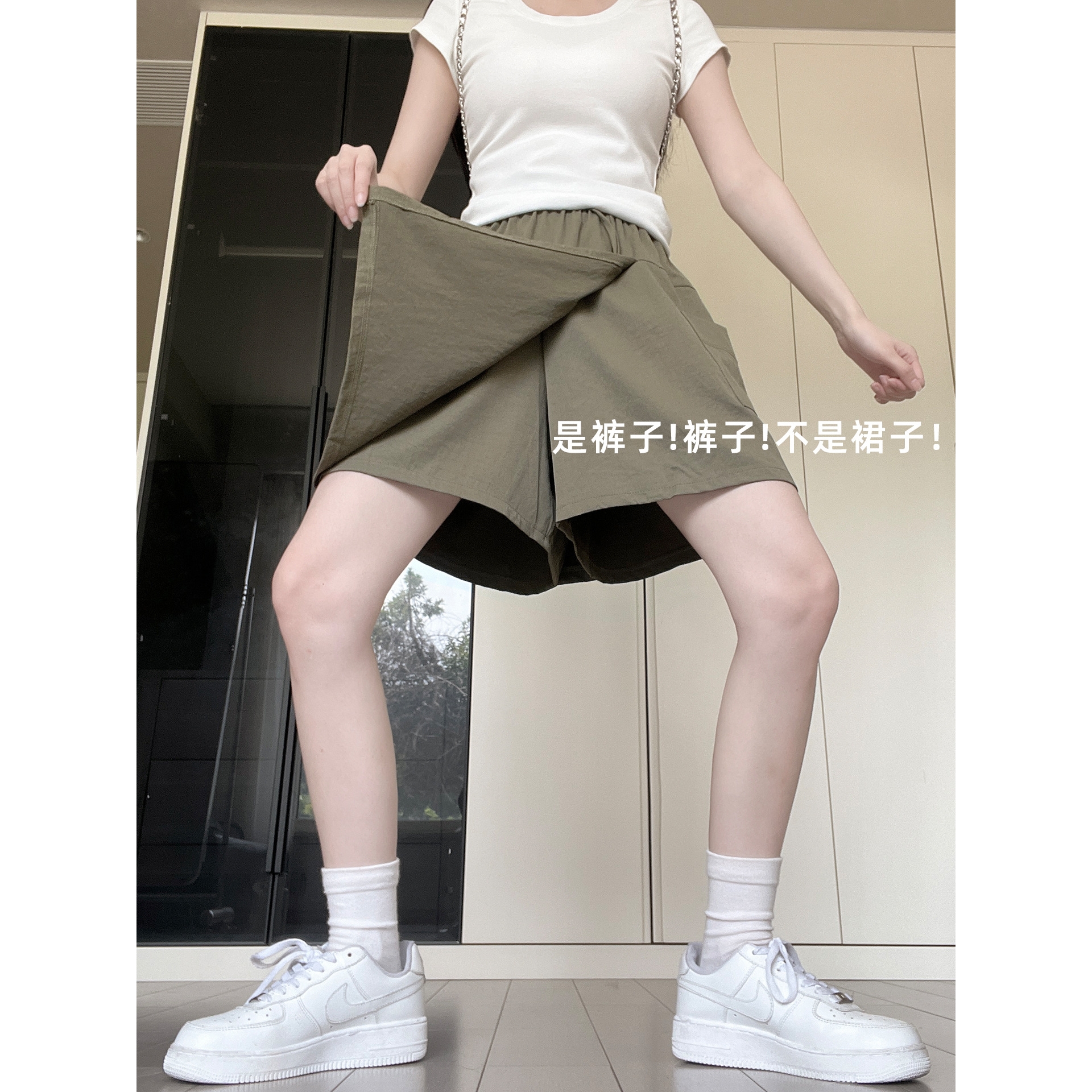 军绿色运动工装短裤女夏季新款宽松休闲小个子垂感慵懒速干阔腿裤