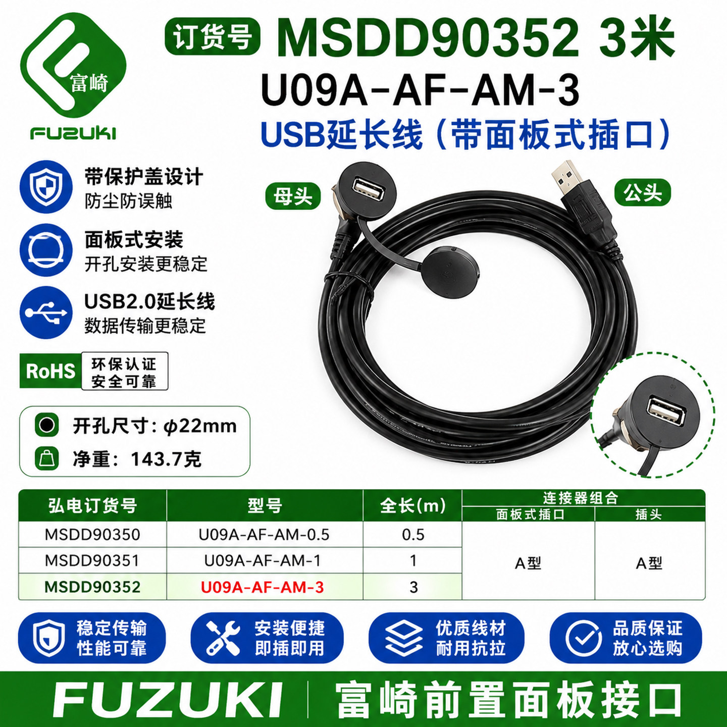 现货FUZUKI富崎MSDD90352机床通信转换器直径22mmUSB转接防尘塞3m