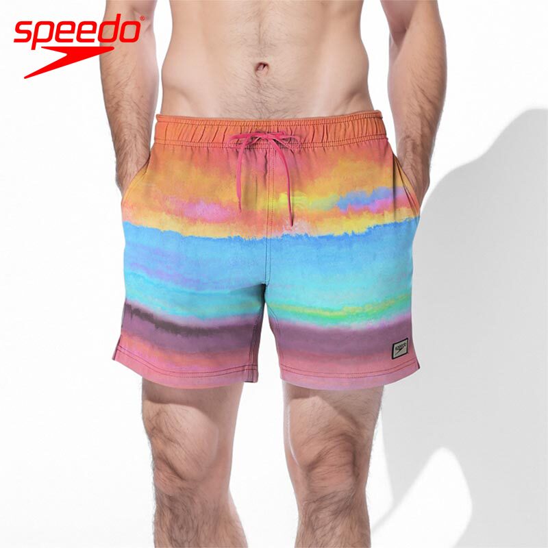 Speedo印花防尴尬沙滩裤五分大码宽松男士海边度假游泳裤新款