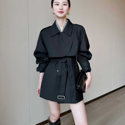 黑色高级感风衣女春秋2025新款收腰小个子气质中长款外套百搭上衣