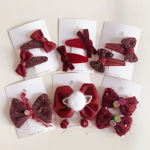 新年红色系布艺可爱蝴蝶结毛球亮片儿童发夹侧边夹对装 BB夹发饰