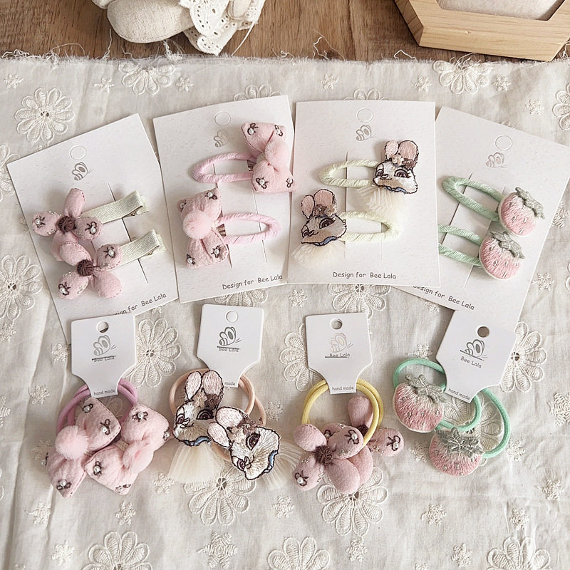 新款可爱甜美粉色系草莓小花冲棉刺绣蝴蝶结儿童对装发圈BB夹发饰,童装/婴儿装/亲子装,发饰,淘宝优惠券,粉丝福利购,淘宝优惠卷