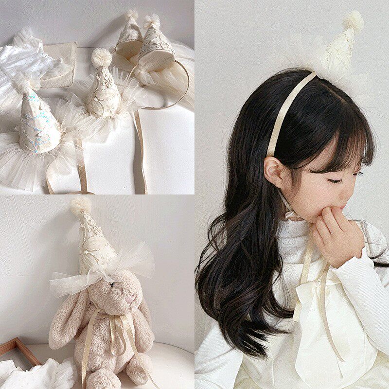 新款ins风儿童party氛围可爱披纱系带发箍生日蕾丝帽头饰配饰