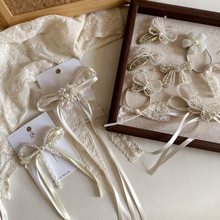 新款法式复古淑女珍珠飘带花朵蝴蝶儿童飘带压夹顶夹发饰发圈皮筋