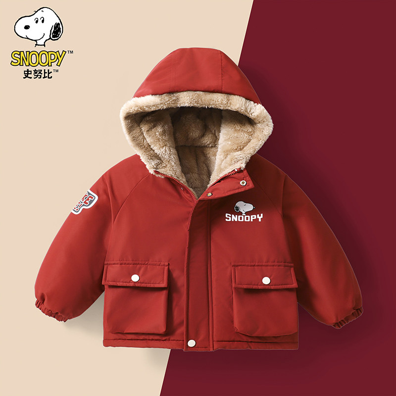 史努比童装男童宝宝连帽卡通动漫休闲风中长款加厚上衣棉服外套