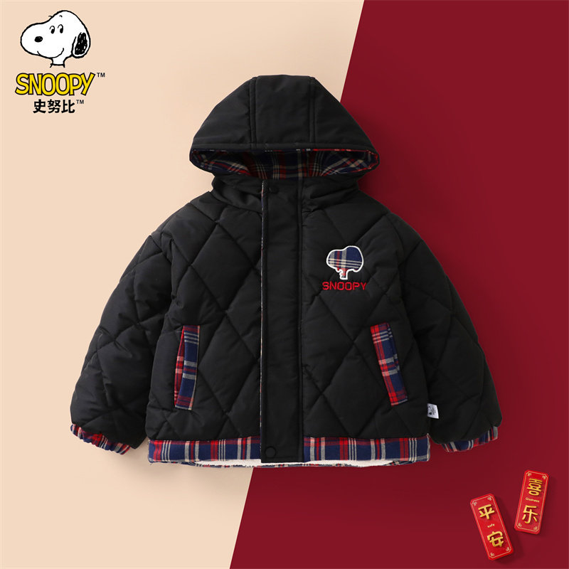 史努比童装男童宝宝菱形格绗棉拼接格子加棉加厚棉服外套棉袄