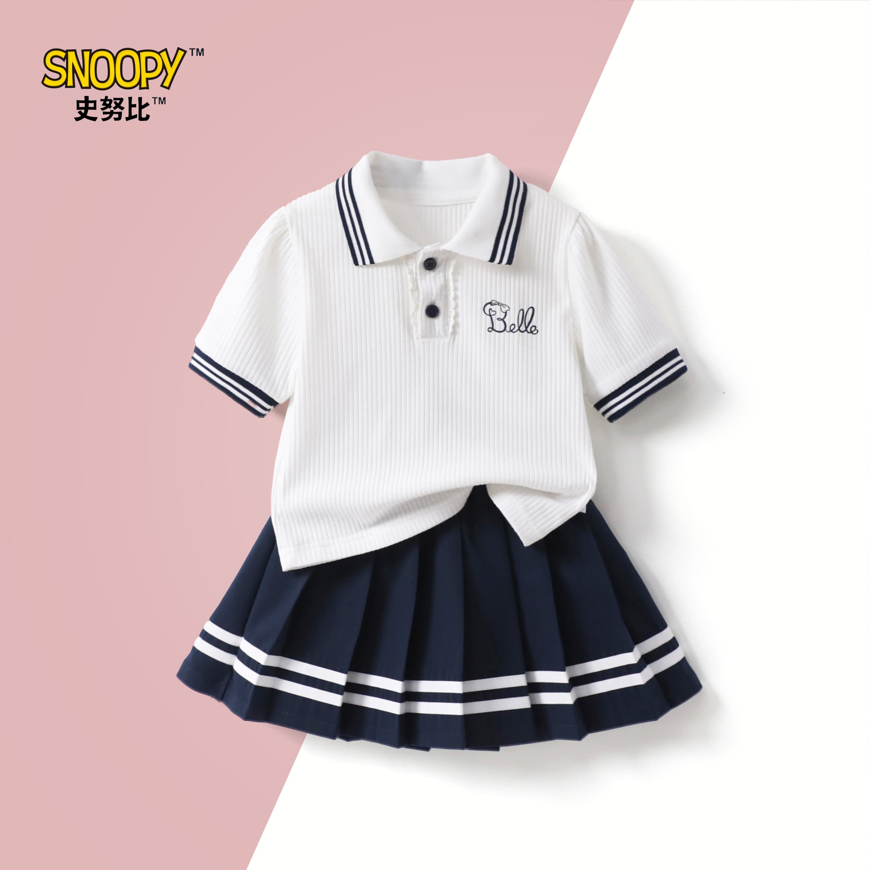史努比正品童装女童夏季洋气翻领休闲POLO衫花边T恤百褶裙两件套