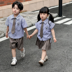 史努比正品童装幼儿园宝宝校服学院风条纹男童衬衫套装（送领带）