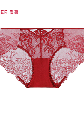 爱慕婚礼之夜内裤女酒红色性感蕾丝棉质底裆中腰平角裤AM23A051