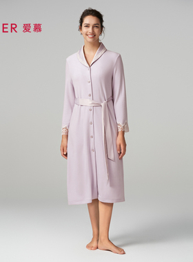 爱慕睡衣女秋冬含真丝翻领开衫系带长袖长袍家居服睡袍AM488891