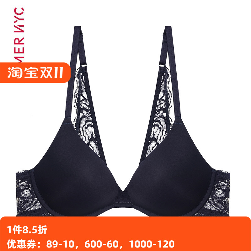 爱慕NYC官方正品3/4低鸡心薄模杯光面蕾丝深V美背文胸AN110551