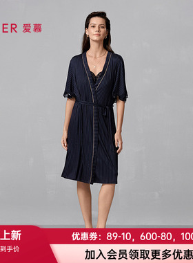 爱慕追光2025春夏睡衣女柔软舒适短袖深V系带中长睡袍AM48A711