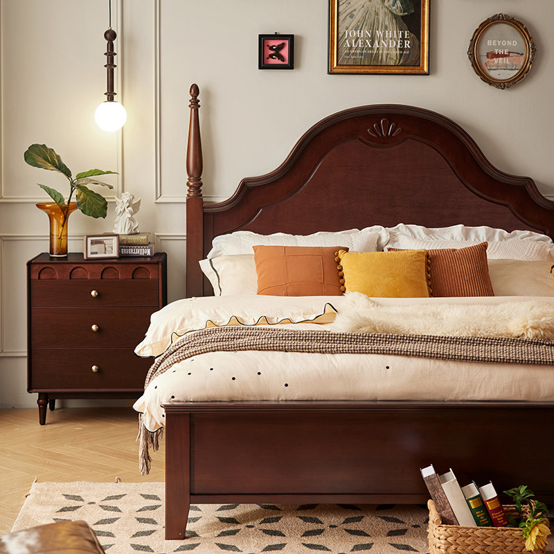 林氏家居美式复古中古风排骨架床架全实木床主卧双人床佛山家具