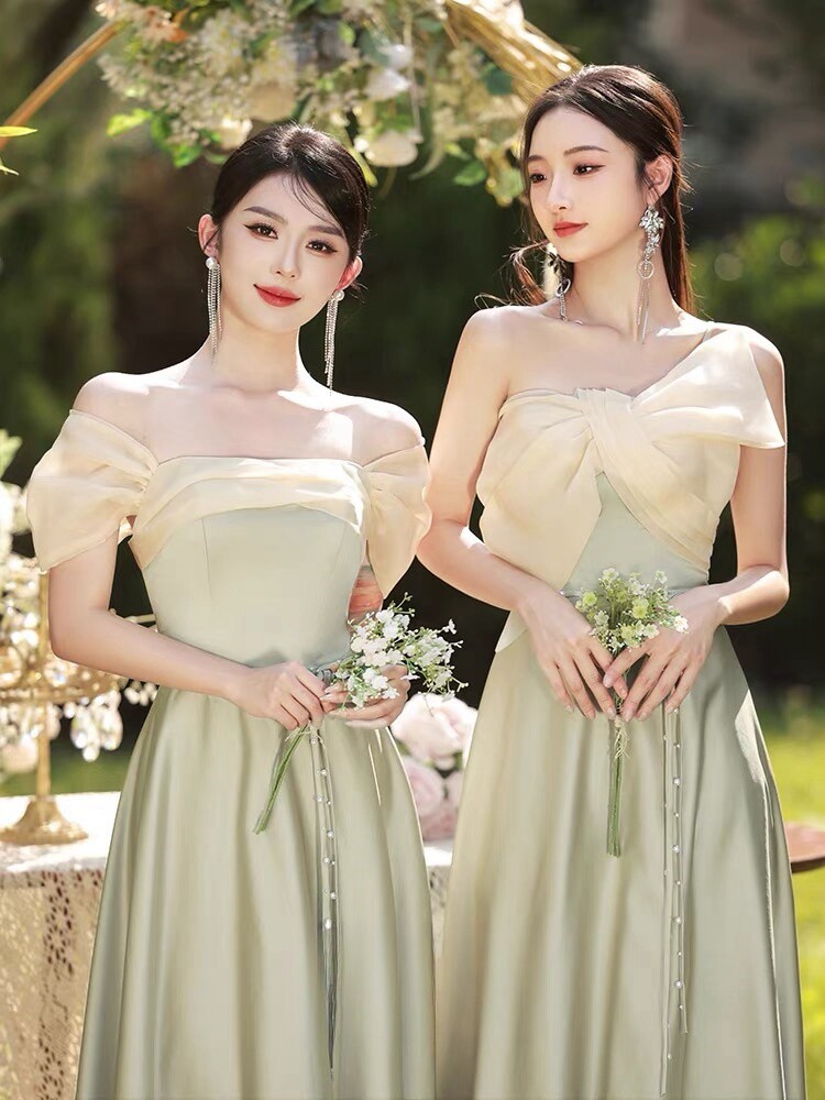 绿色伴娘服2024新款秋季小众高级感绿色姐妹团缎面礼服平时可穿