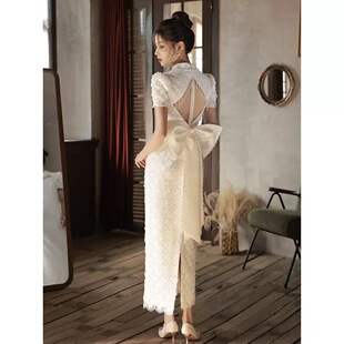 白色蕾丝旗袍敬酒服新娘订婚晚礼服领证登记法式高端露背蝴蝶结女