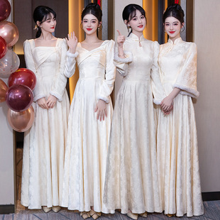 中式伴娘服秋冬款2025新款高级感香槟色长袖姐妹团礼服裙平时可穿