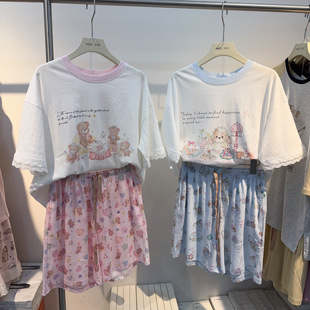 missjuju家居服女夏学生可爱卡通甜美花边短袖短裤睡衣套装可外穿